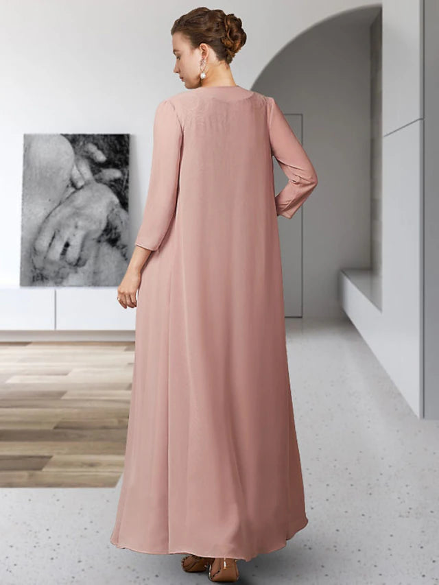 Luolandi Two Piece A-Line Mother of the Bride Dress Elegant Jewel Neck Ankle Length Chiffon Lace Sleeveless Jacket Dresses with Appliques