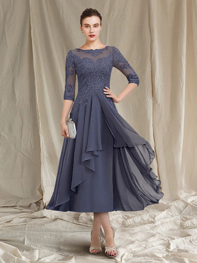 Luolandi A-Line Mother of the Bride Dress Elegant Jewel Neck Tea Length Chiffon Lace 3/4 Length Sleeve with Appliques