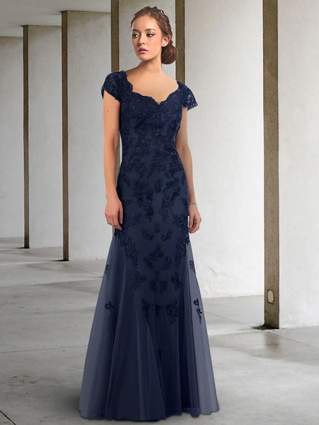 Luolandi A-Line Mother of the Bride Dress Elegant Scoop Neck Floor Length Lace Tulle Short Sleeve with Appliques