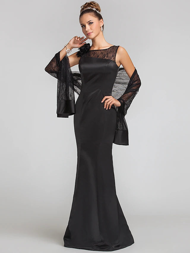 Luolandi Mermaid / Trumpet Mother of the Bride Dress Wrap Included Jewel Neck Floor Length Satin Lace Sleeveless with Flower