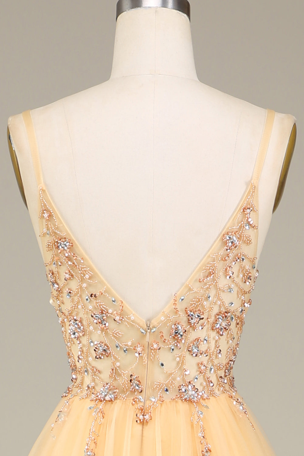 Luolandi Charming Golden A Line Spaghetti Straps Long Prom Dress With Beading And Slit