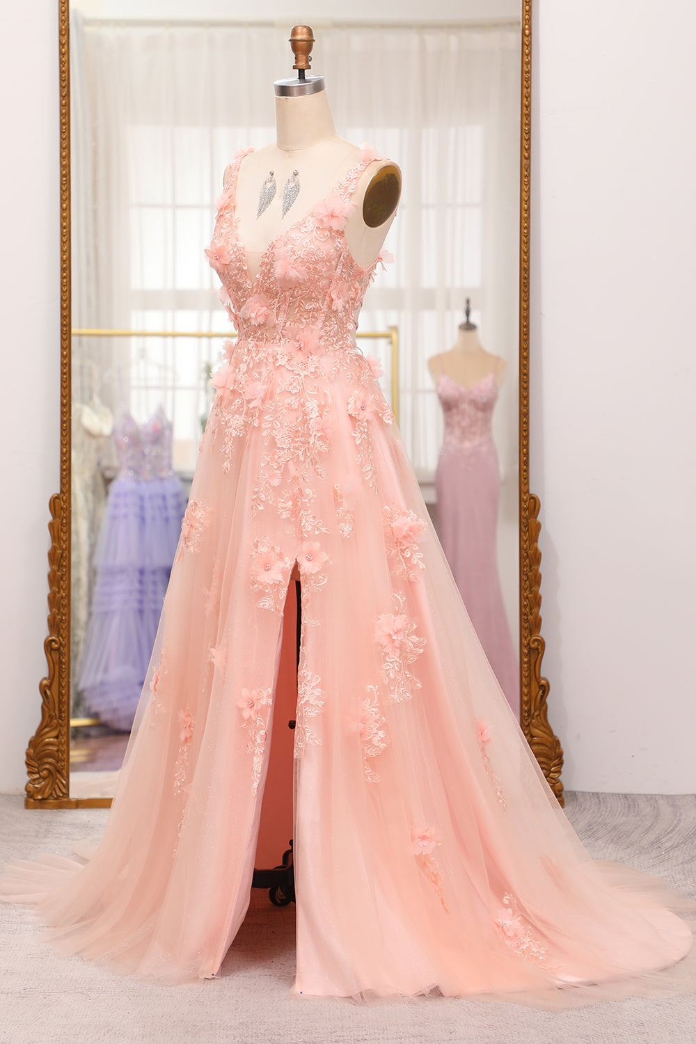 Luolandi Blush A-Line Spaghetti Straps Long Prom Dress With Appliques Flowers And Slit