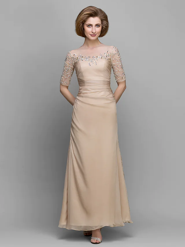 Luolandi A-Line Mother of the Bride Dress Vintage Inspired Jewel Neck Ankle Length Chiffon Half Sleeve with Ruched Beading Champagne
