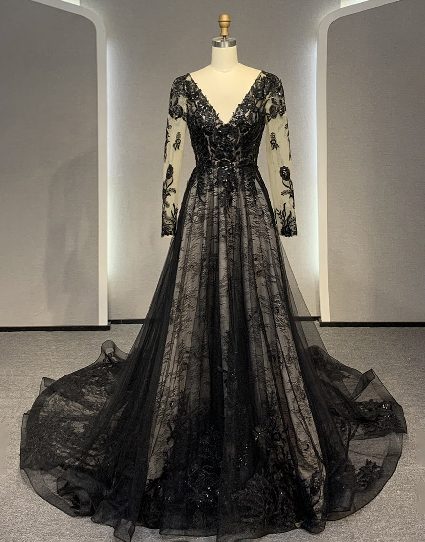 Luolandi Black V Neck Long Sleeves Sequins Wedding Dress With Appliques Sexy