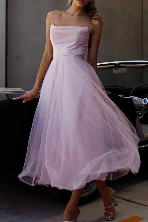 Luolandi Sweet and Elegant Solid Color Mesh Asymmetric Collar Sleeveless Evening Dress Light Purple