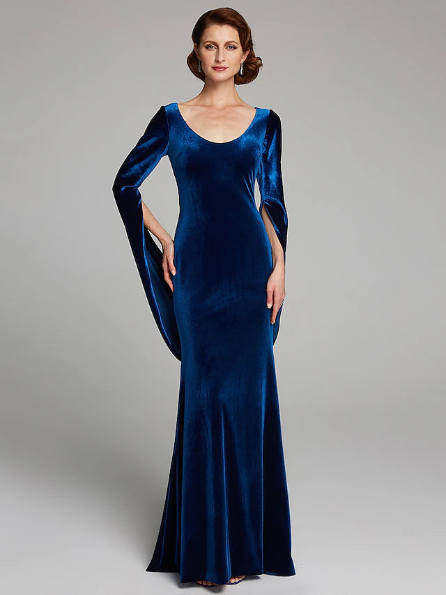 Luolandi Mermaid / Trumpet Mother of the Bride Dress Vintage Plus Size Sexy Scoop Neck Sweep / Brush Train Velvet Long Sleeve