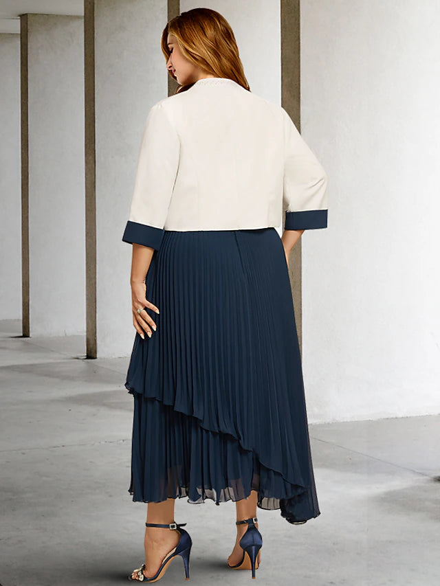 Luolandi Two Piece A-Line Plus Size Curve Mother of the Bride Dresses Color Block Dress Formal Ankle Length Sleeveless Square Neck Chiffon