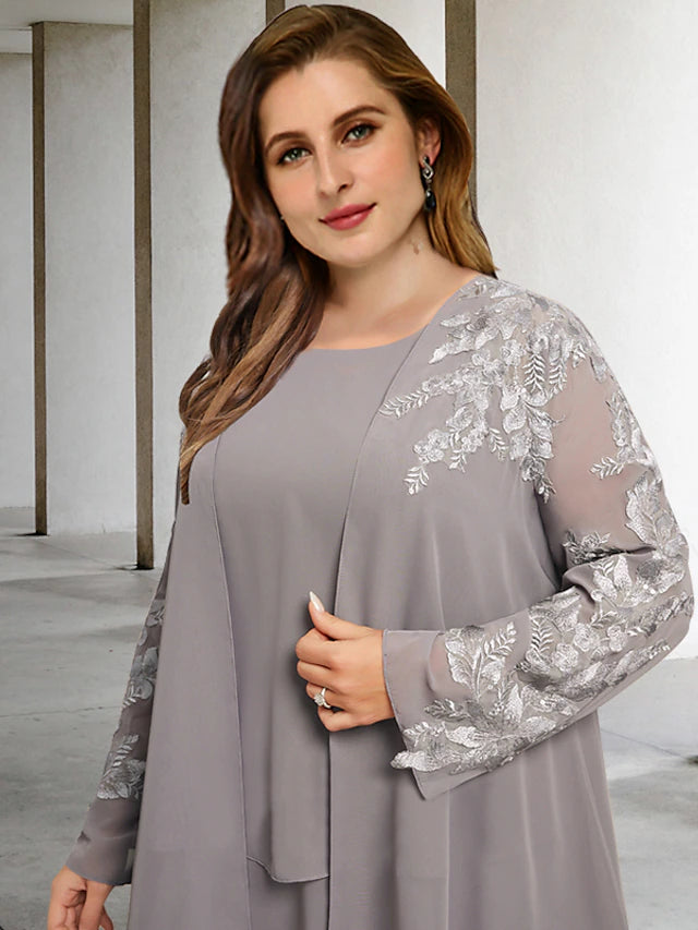 Luolandi Two Piece A-Line Plus Size Curve Mother of the Bride Dresses Elegant Dress Formal Tea Length Sleeveless Jewel Neck Chiffon with Appliques