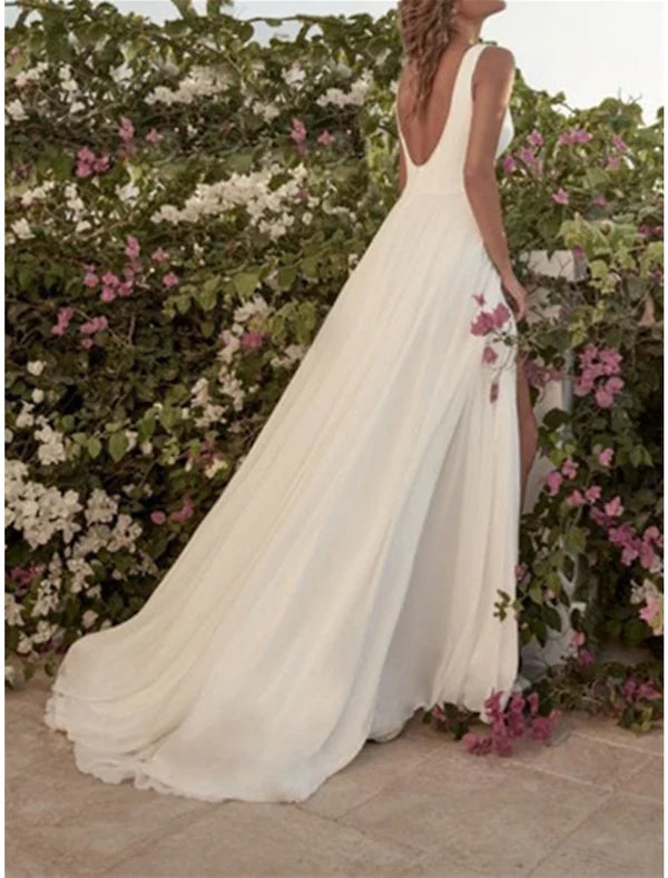 Luolandi Simple Wedding Dresses A-Line Scoop Neck Sleeveless Floor Length Chiffon Bridal Gowns With Split