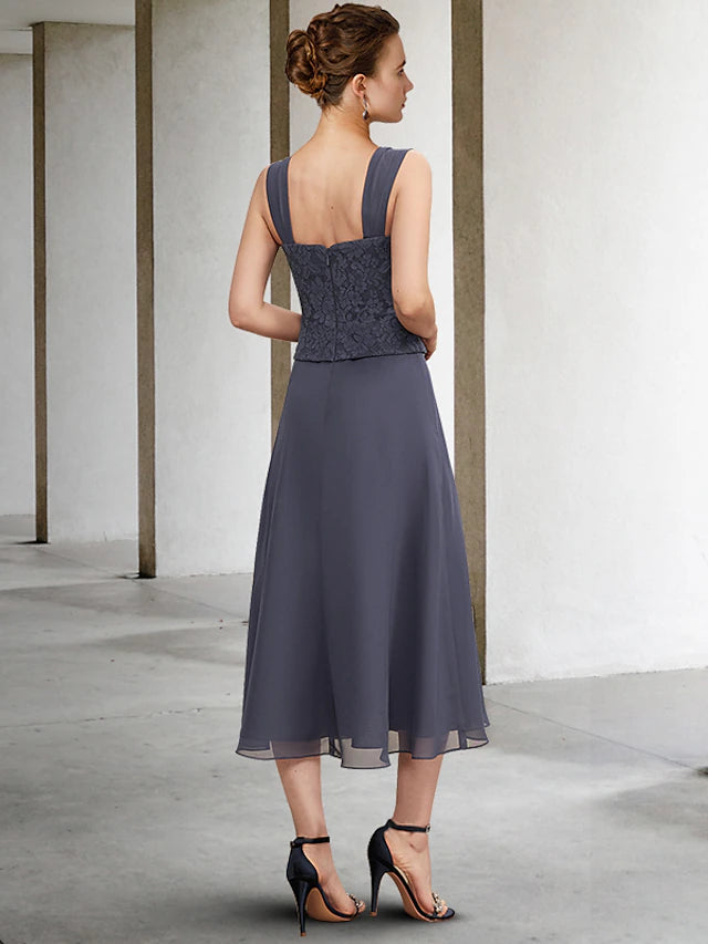 Luolandi A-Line 3 Piece Mother of the Bride Dress Plus Size Elegant Square Neck Tea Length Chiffon Lace Sleeveless Wrap Included Jacket Dresses with Crystals