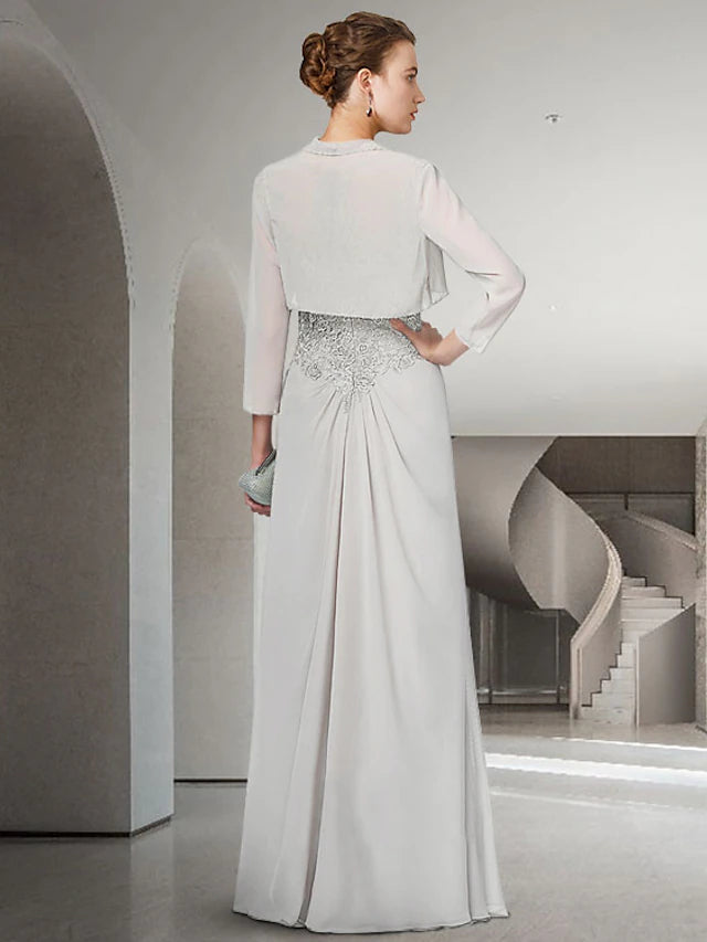 Luolandi Two Piece Sheath / Column Mother of the Bride Dress Elegant Jewel Neck Floor Length Chiffon Lace 3/4 Length Sleeve Wrap Included with Ruffles