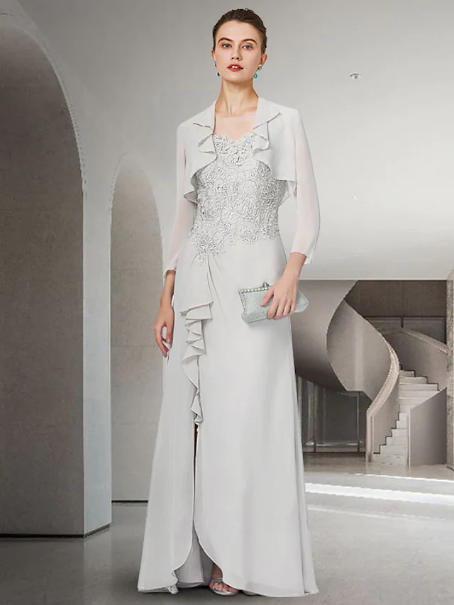 Luolandi Mother of the Bride Dress Elegant Jewel Neck Floor Length Chiffon Lace Length Sleeve with Appliques
