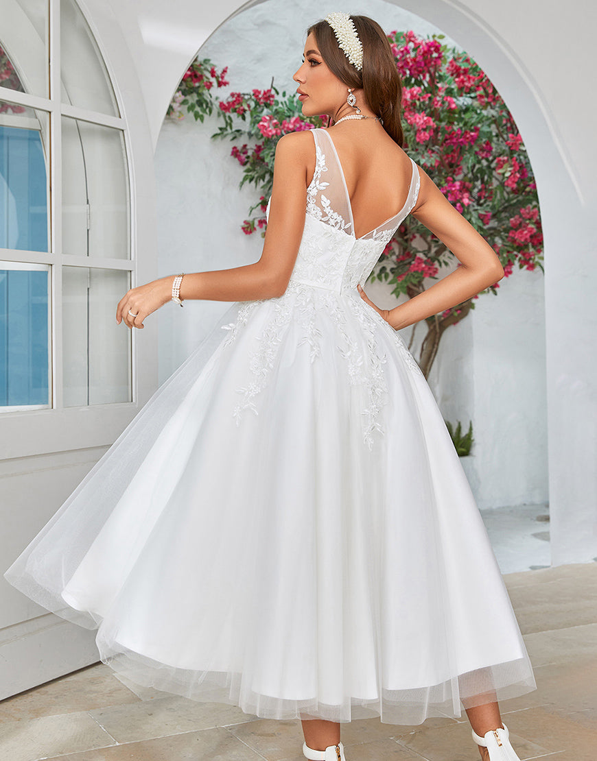 Luolandi Mid-Calf Tulle Wedding Dress with Lace Short Sexy