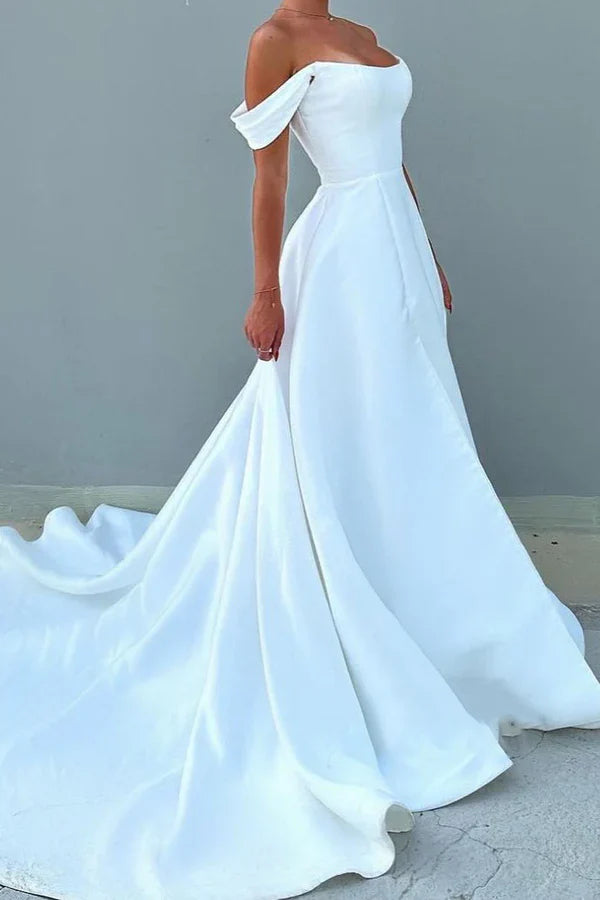 Luolandi Satin A-line boat shaped off shoulder train elegant wedding dress Sexy