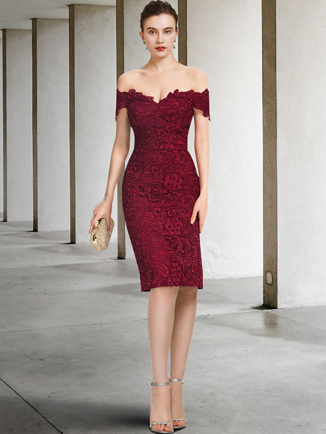 Luolandi Two Piece Sheath / Column Mother of the Bride Dress Formal Wedding Guest Party Elegant Off Shoulder Knee Length Chiffon Lace Short Sleeve