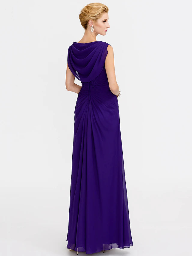 Luolandi Sheath / Column Mother of the Bride Dress Color Block Lace Up Cowl Neck Ankle Length Chiffon Charmeuse Sleeveless with Beading