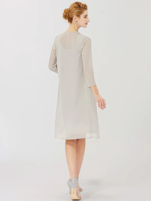 Luolandi Sheath / Column Mother of the Bride Dress Formal Classic & Timeless Elegant & Luxurious Convertible Dress Jewel Neck Knee Length Chiffon 3/4 Length Sleeve with Criss Cross