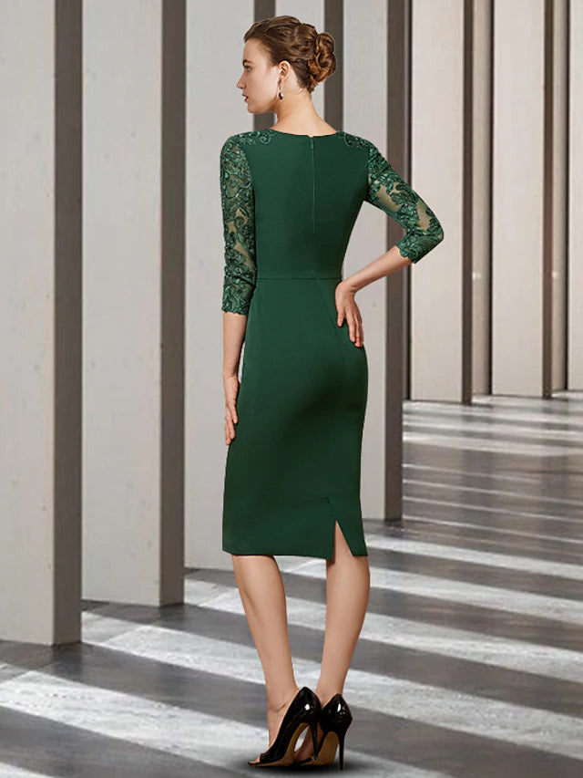 Luolandi Sheath / Column Mother of the Bride Dress Elegant Jewel Neck Short / Mini Chiffon Lace Long Sleeve with Sash / Ribbon