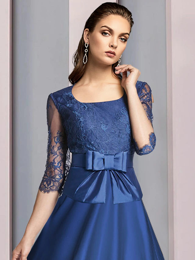 Luolandi A-Line Mother of the Bride Dress Formal Wedding Guest Party Elegant Scoop Neck Tea Length Satin Lace Half Sleeve