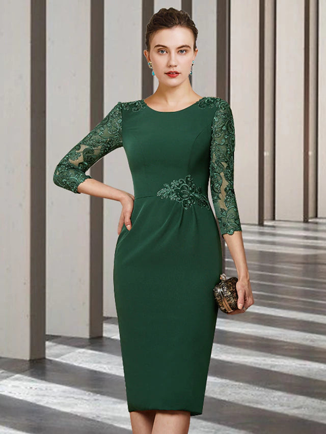 Luolandi Sheath / Column Mother of the Bride Dress Elegant Jewel Neck Short / Mini Chiffon Lace Long Sleeve with Sash / Ribbon