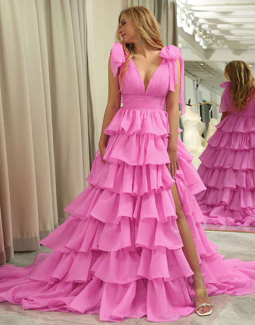 Luolandi Hot Pink A Line V Neck Long Tiered Prom Dress With Slit Sexy