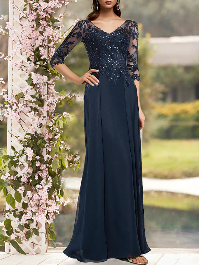 Luolandi Sheath / Column Mother of the Bride Dress Elegant Sparkle & Shine V Neck Floor Length Chiffon Lace 3/4 Length Sleeve with Appliques