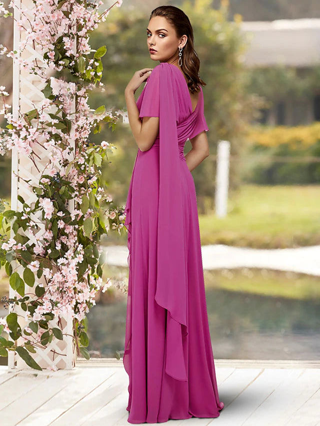 Luolandi Sheath / Column Mother of the Bride Dress Elegant V Neck Floor Length Chiffon Sleeveless with Pleats Crystal Brooch