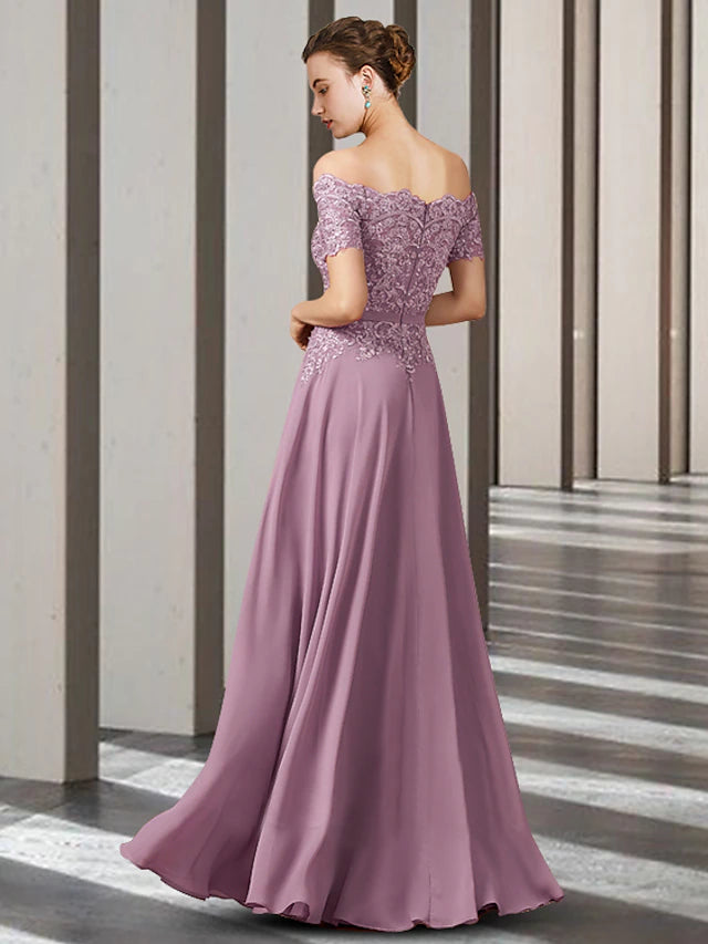 Luolandi A-Line Mother of the Bride Dress Elegant Off Shoulder Floor Length Chiffon Lace Short Sleeve