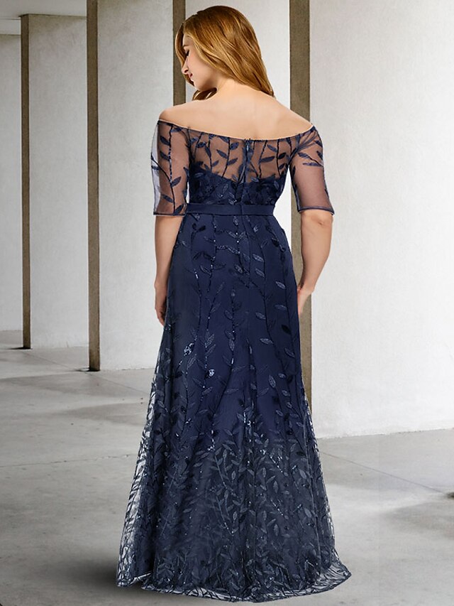 Luolandi A-Line Curve Mother of the Bride Dresses Plus Size Dress Formal Floor Length Half Sleeve Off Shoulder Tulle with Sequin