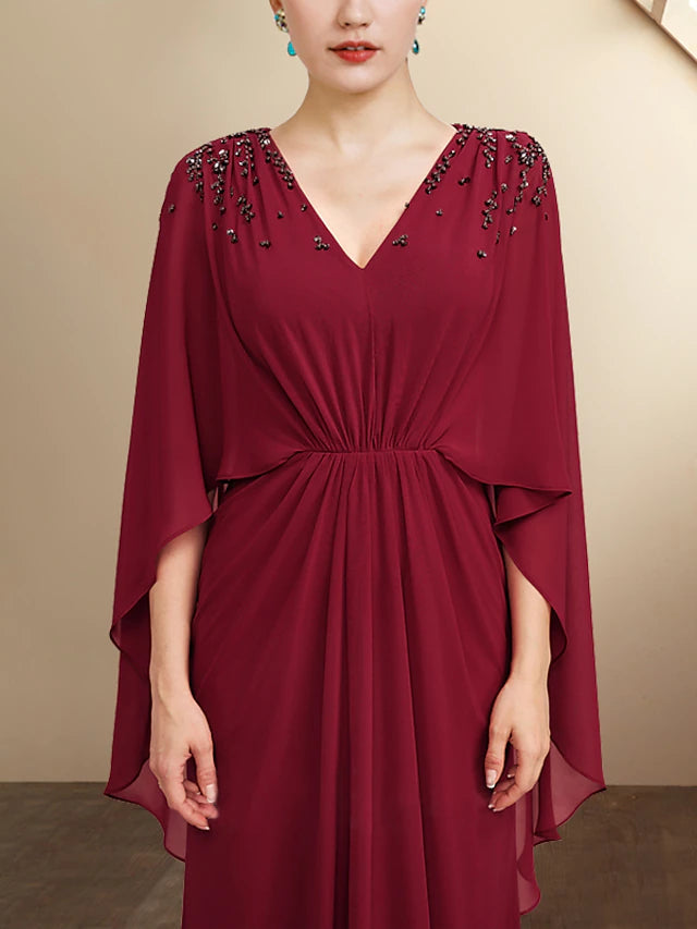 Luolandi A-Line Mother of the Bride Dress Plus Size Elegant V Neck Floor Length Chiffon Half Sleeve with Pleats Beading