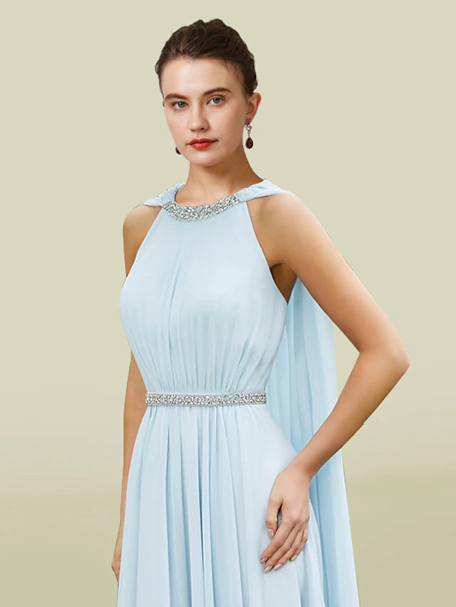 Luolandi Sheath / Column Mother of the Bride Dress Elegant Jewel Neck Tea Length Chiffon Sleeveless with Pleats Beading