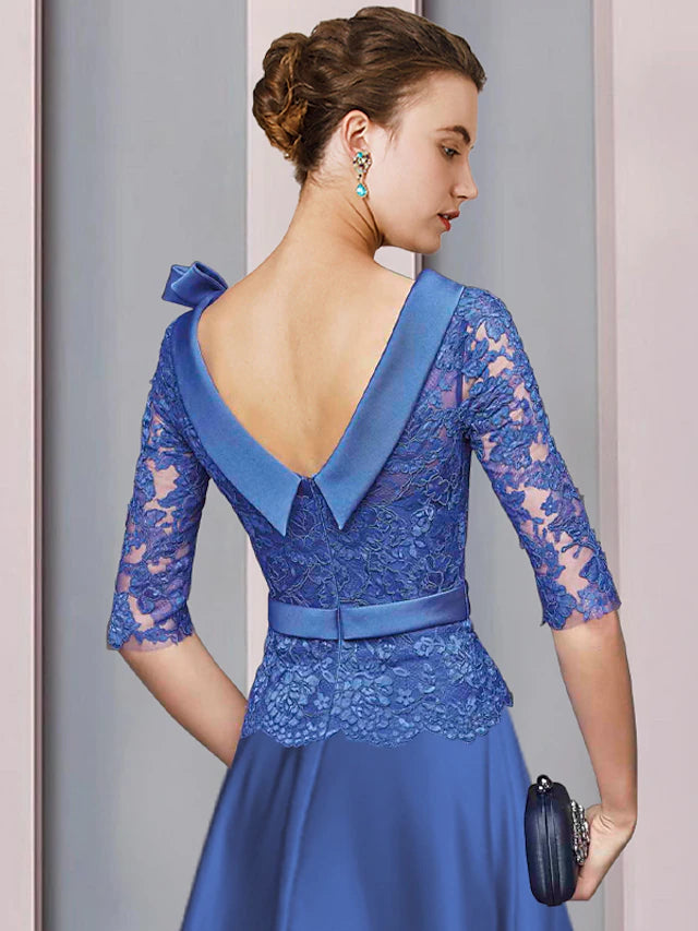 Luolandi A-Line Mother of the Bride Dress Formal Church Party Elegant Jewel Neck Tea Length Satin Lace Half Sleeve with Sash / Ribbon