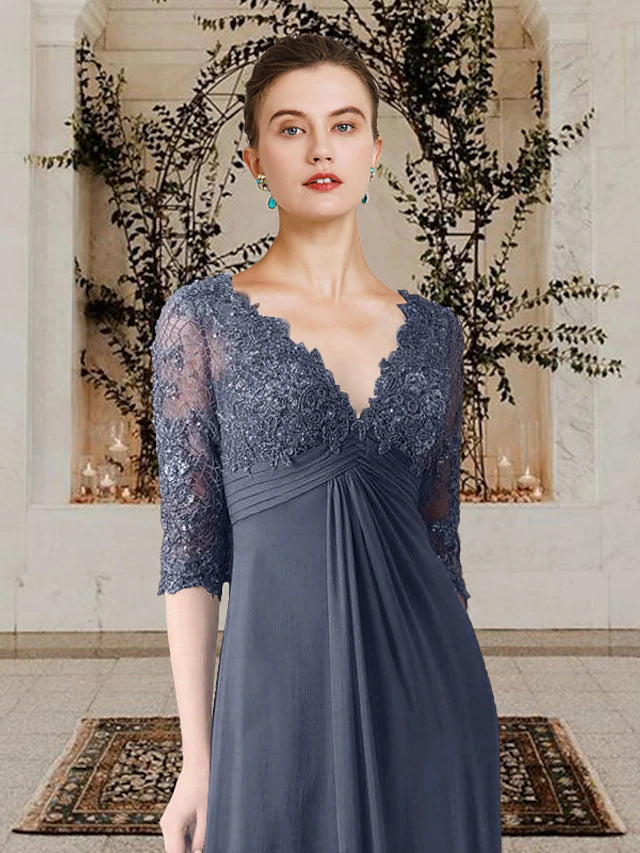 Luolandi A-Line Mother of the Bride Dress Elegant V Neck Sweep / Brush Train Chiffon Lace Half Sleeve