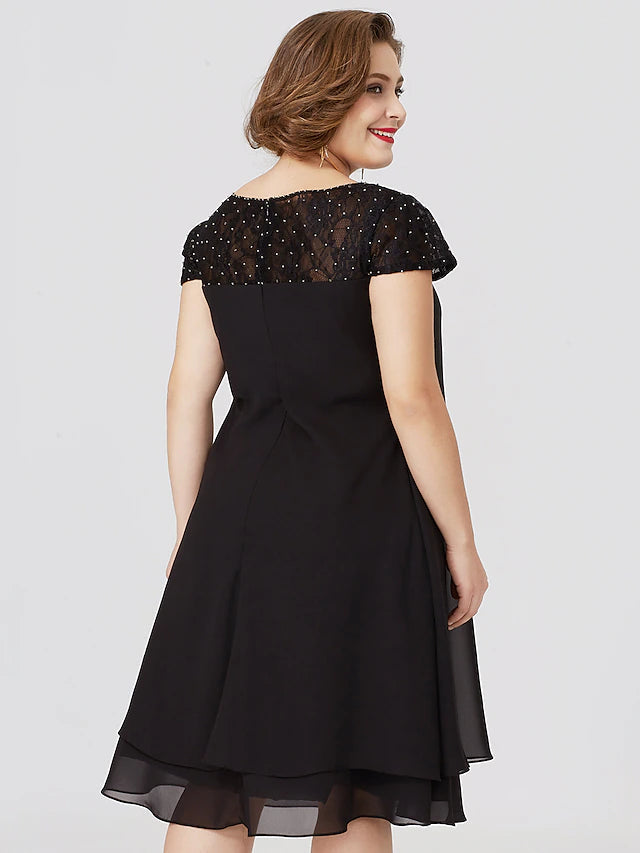 Luolandi Sheath / Column Mother of the Bride Dress Formal Little Black Dress Plus Size See Through Jewel Neck Knee Length Chiffon Lace Short Sleeve No with Pleats Beading