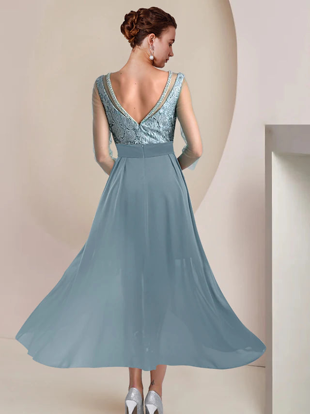 Luolandi Two Piece Sheath / Column Mother of the Bride Dress Formal Wedding Guest Vintage Elegant Jewel Neck Tea Length Knee Length Chiffon Lace 3/4 Length Sleeve with Beading