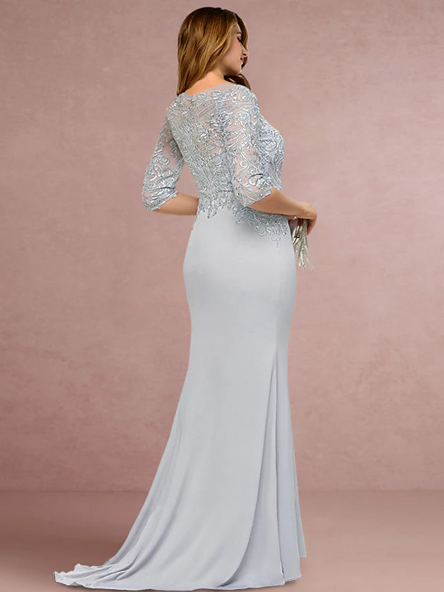 Luolandi Plus Size Curve Mother of the Bride Dress Wedding Guest Vintage Elegant Scoop Neck Sweep / Brush Train Chiffon Lace Half Sleeve