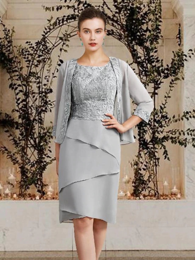 Luolandi Two Piece Sheath / Column Mother of the Bride Dress Church Elegant Square Neck Jewel Neck Knee Length Chiffon Lace Sleeveless Wrap Included