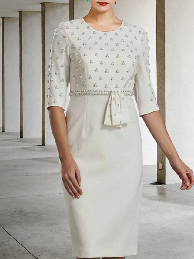 Luolandi Sheath / Column Mother of the Bride Dress Luxurious Elegant Jewel Neck Knee Length Lace Charmeuse Half Sleeve with Sash / Ribbon