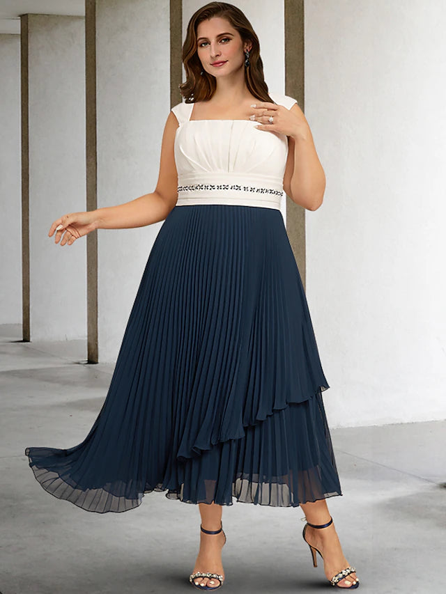 Luolandi Two Piece A-Line Plus Size Curve Mother of the Bride Dresses Color Block Dress Formal Ankle Length Sleeveless Square Neck Chiffon