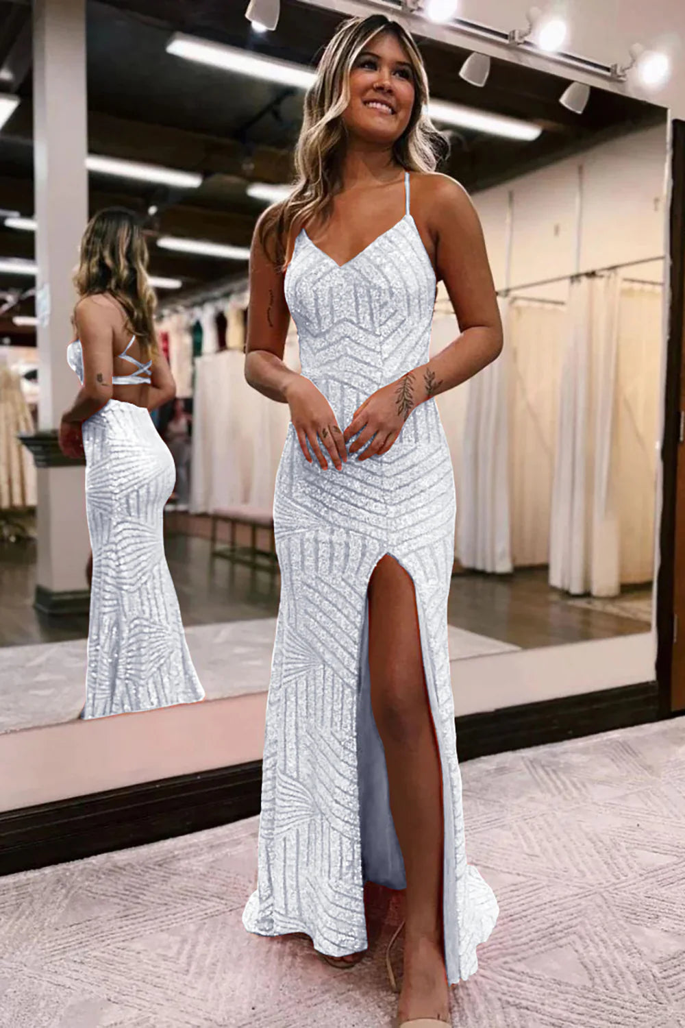 Luolandi Grey Blue Sequins V-Neck Spaghetti Straps Prom Dress With Slit Sparkly