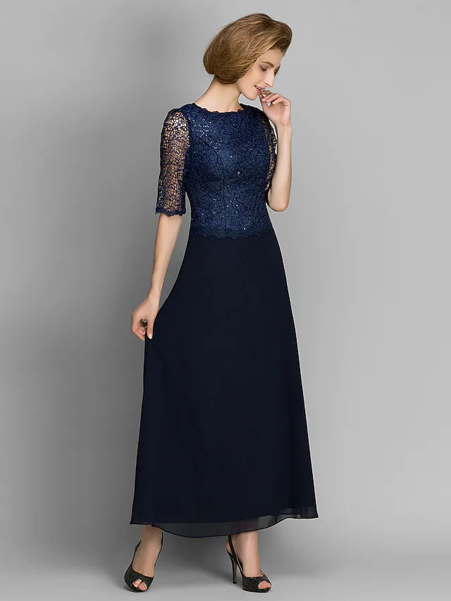 Luolandi Mother of the Bride Dress See Through Jewel Neck Ankle Length Chiffon Half Sleeve with Lace