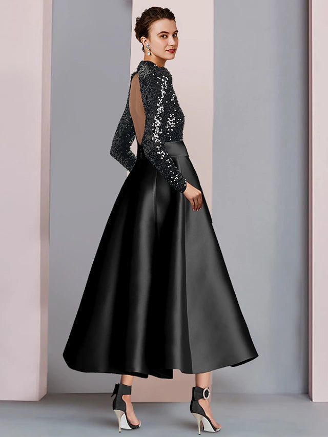 Luolandi A-Line Mother of the Bride Dress Wedding Guest Elegant Sparkle & Shine High Neck Tea Length Satin Sequined Long Sleeve with Bow(s)