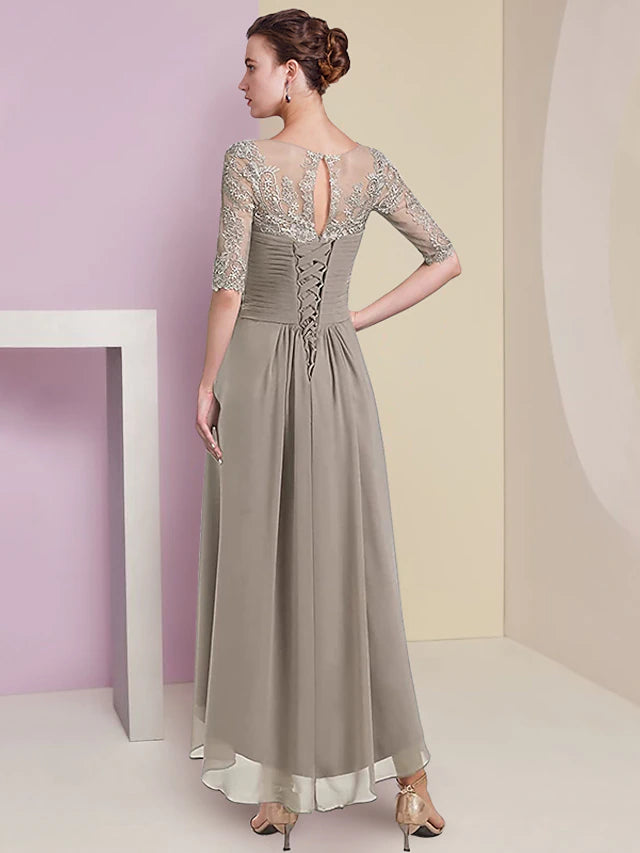 Luolandi Two Piece A-Line Mother of the Bride Dress Formal Wedding Guest Elegant High Low V Neck Asymmetrical Tea Length Chiffon Lace Half Sleeve Wrap Included