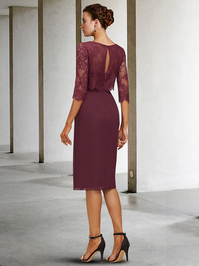 Luolandi A-Line Mother of the Bride Dress Vintage Elegant Jewel Neck Knee Length Chiffon Lace Half Sleeve with Lace