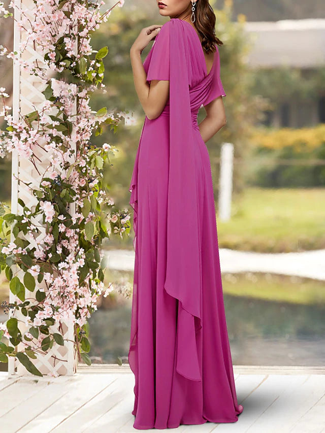 Luolandi Sheath / Column Mother of the Bride Dress Elegant V Neck Floor Length Chiffon Sleeveless with Pleats Crystal Brooch