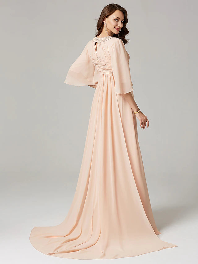 Luolandi A-Line Mother of the Bride Dress Luxurious Elegant Jewel Neck Sweep / Brush Train Chiffon Half Sleeve with Pleats