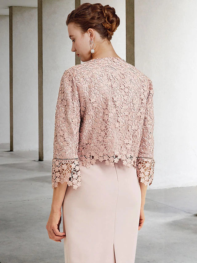 Luolandi Two Piece Sheath / Column Mother of the Bride Dress Church Elegant Jewel Neck Knee Length Chiffon Lace Short Sleeve Short Jacket Dresses with Ruffles