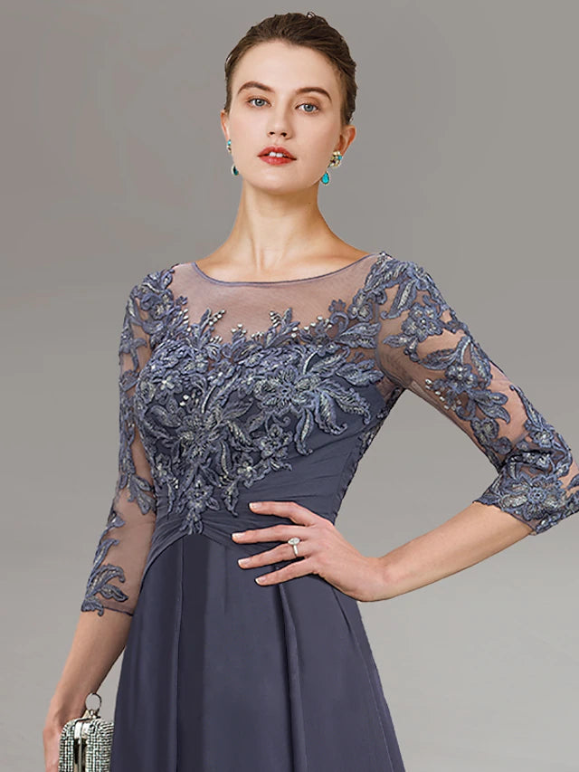 Luolandi Sheath / Column Mother of the Bride Dress Wedding Guest Simple Elegant Jewel Neck Ankle Length Chiffon Lace 3/4 Length Sleeve with Pleats