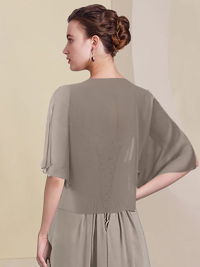 Luolandi Two Piece A-Line Mother of the Bride Dress Formal Wedding Guest Elegant High Low V Neck Asymmetrical Tea Length Chiffon Lace Half Sleeve Wrap Included