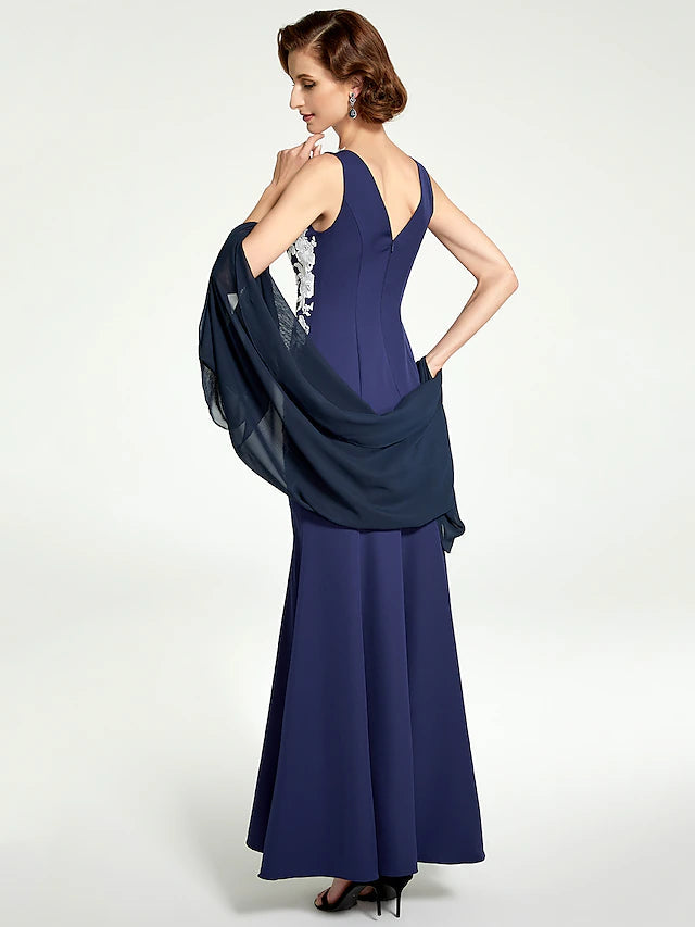 Luolandi Mermaid / Trumpet Mother of the Bride Dress Jewel Neck Floor Length Chiffon Lace Sleeveless